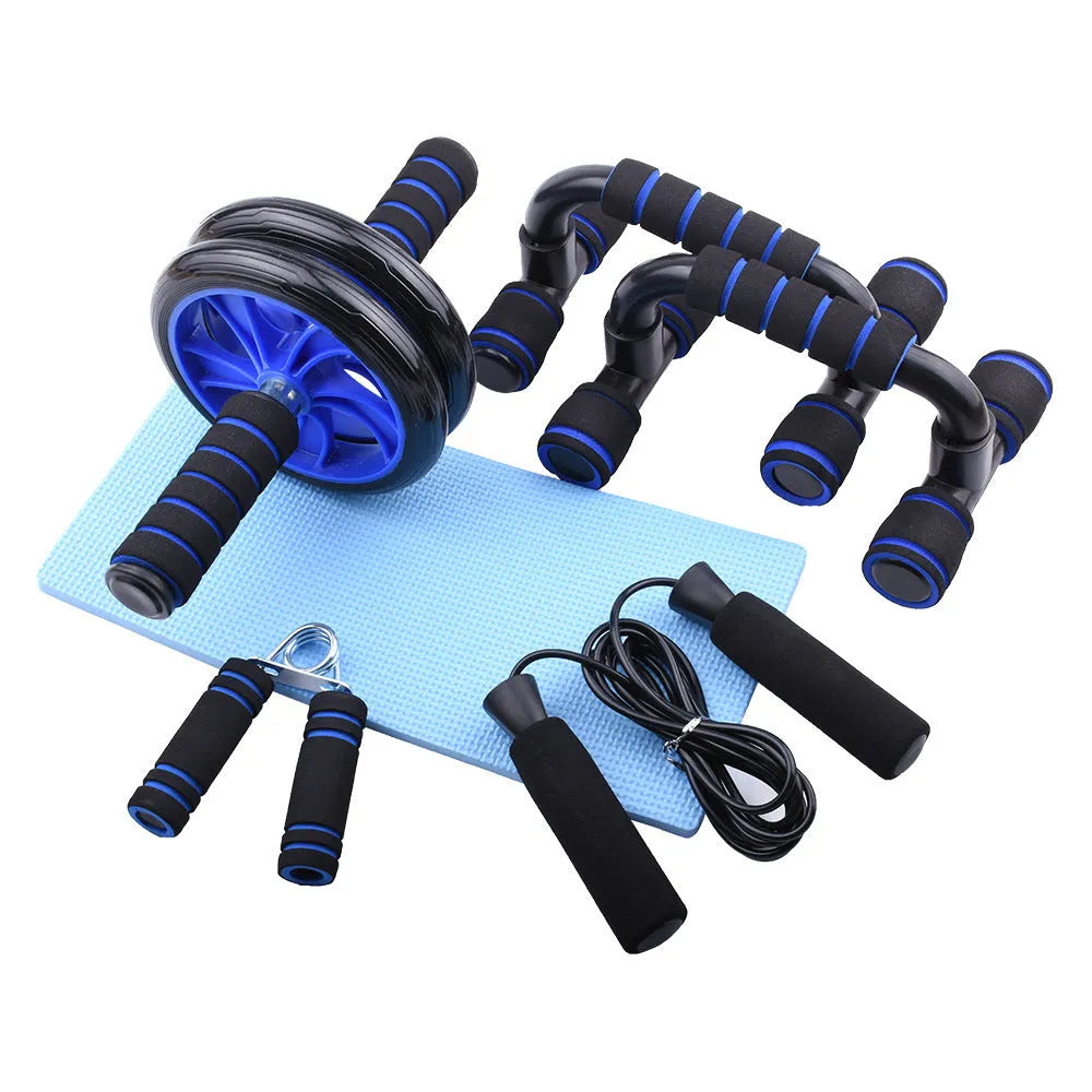 Blue multifunctional abdominal wheel 6-piece training set with ab roller, push-up bars, hand gripper, and knee pad on a grey background