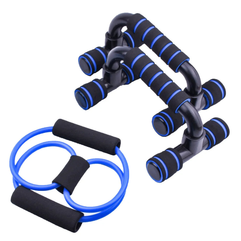 Blue multifunctional abdominal wheel 6-piece training set with ab roller, push-up bars, hand gripper, and knee pad on a grey background