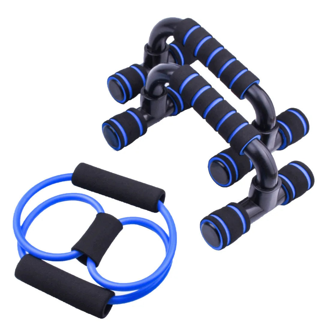 Blue multifunctional abdominal wheel 6-piece training set with ab roller, push-up bars, hand gripper, and knee pad on a grey background