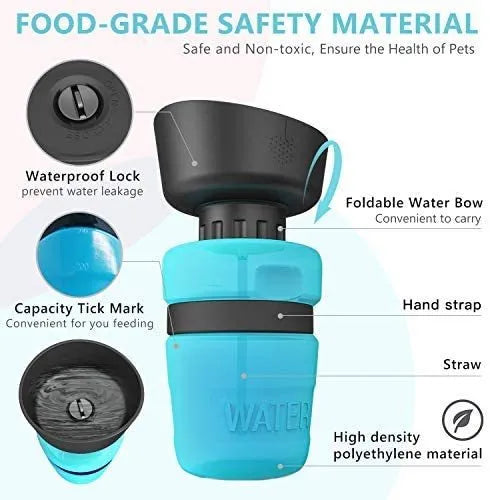 Foldable dog travel water bottle 520ml with fold-cap bowl, food-grade silicone and HDPE, Blue Rose Red Tiffany Blue