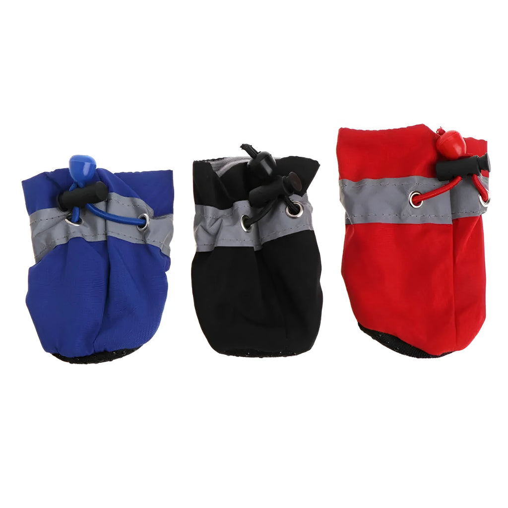 Set of four custom pet shoe foot covers with reflective strip and non-slip rubber sole in black, blue, red, yellow