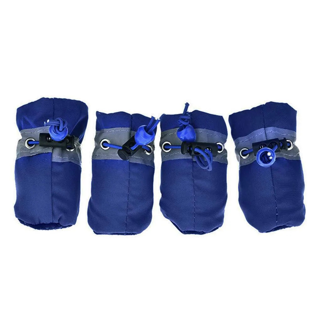 Set of four custom pet shoe foot covers with reflective strip and non-slip rubber sole in black, blue, red, yellow