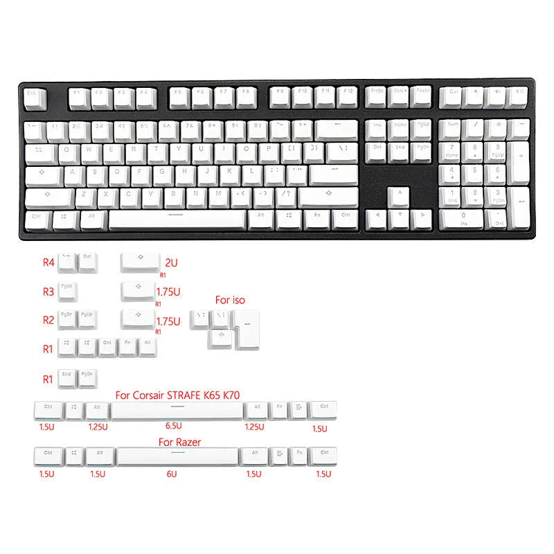White pudding-style PBT keycap set with 141 pieces showing dye-sublimated legends on mechanical keyboard