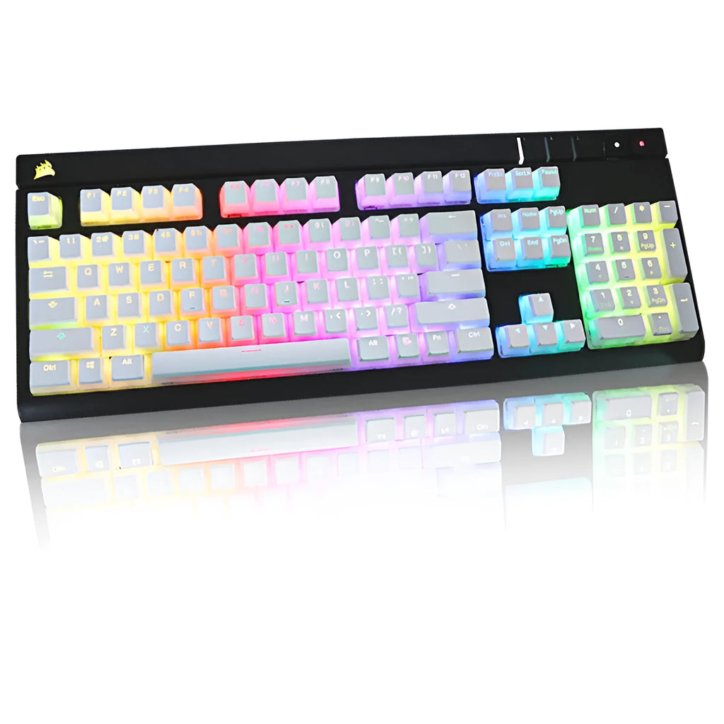 White pudding-style PBT keycap set with 141 pieces showing dye-sublimated legends on mechanical keyboard