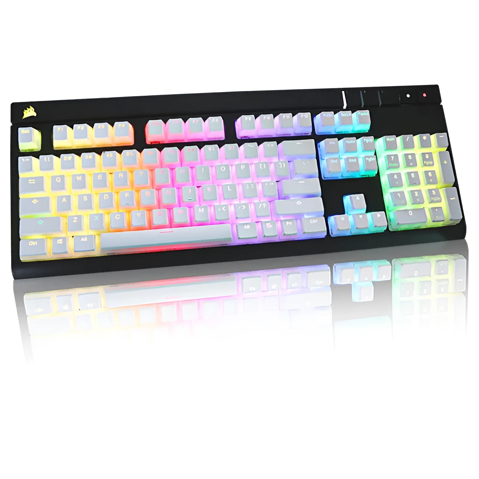 White pudding-style PBT keycap set with 141 pieces showing dye-sublimated legends on mechanical keyboard