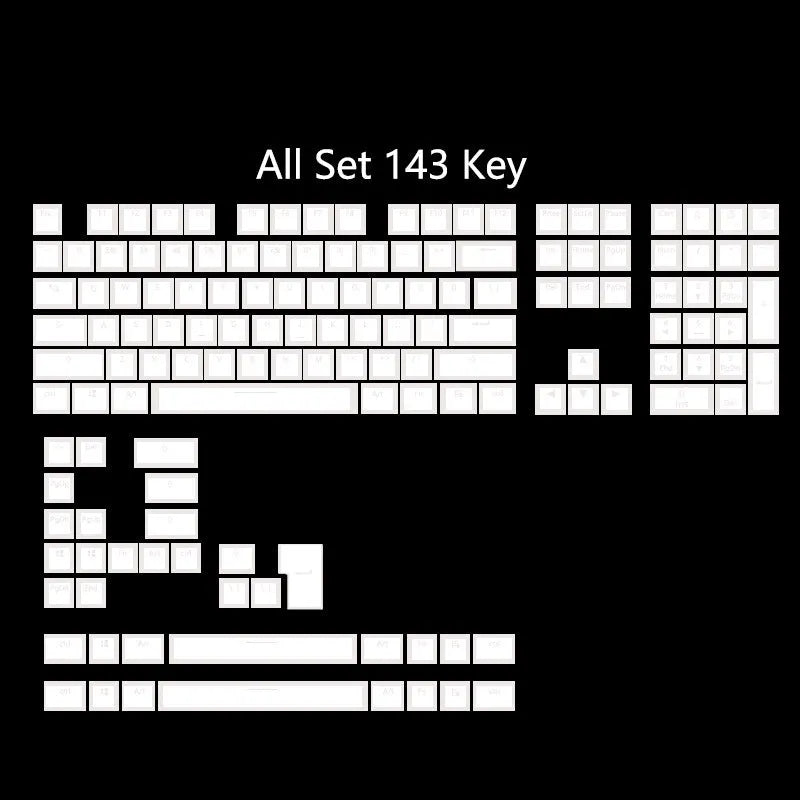 White pudding-style PBT keycap set with 141 pieces showing dye-sublimated legends on mechanical keyboard