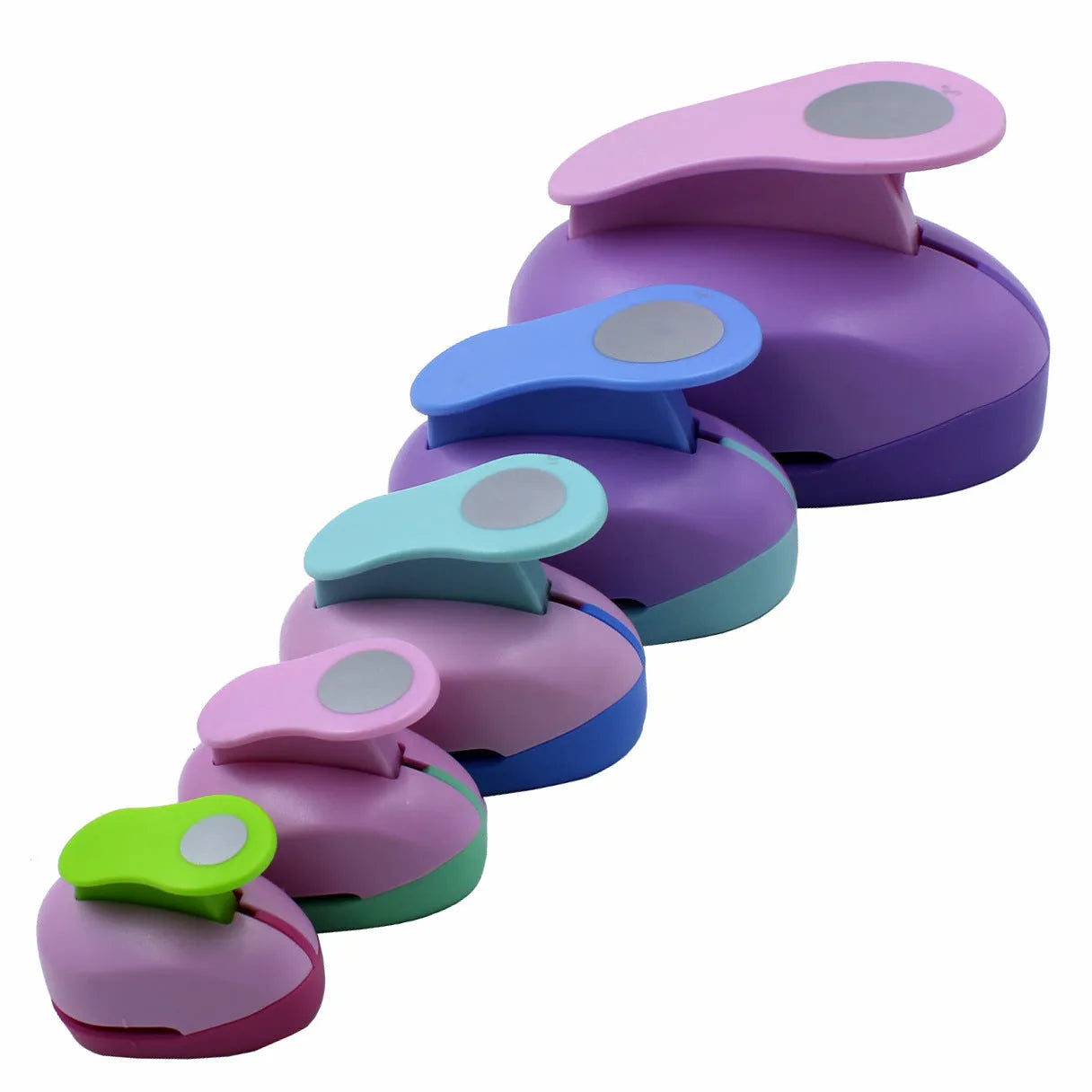 Colourful children's round puzzle embossing machine with six size options on a card.