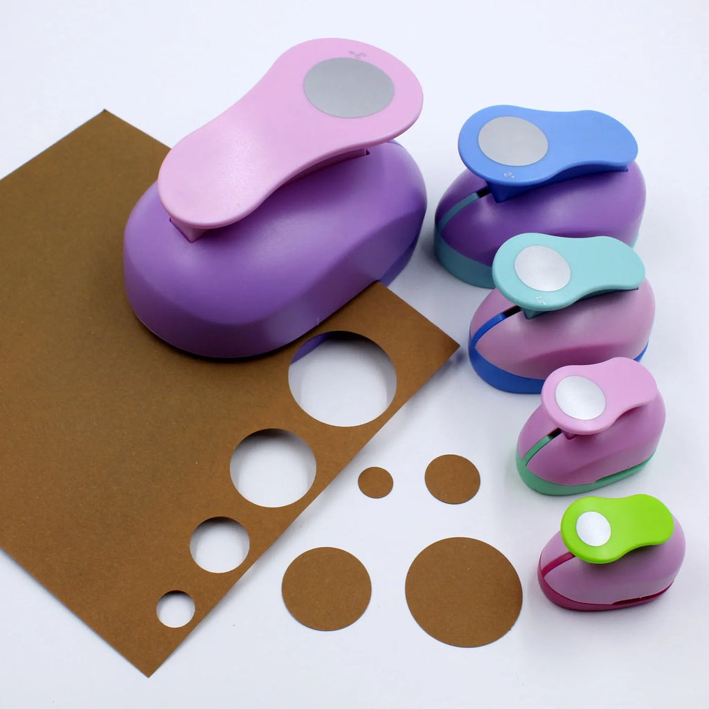 Colourful children's round puzzle embossing machine with six size options on a card.