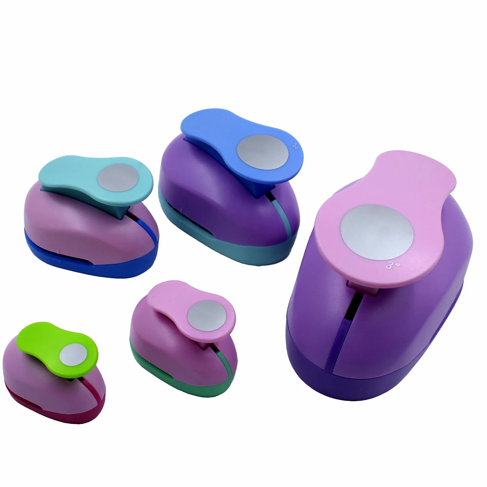Colourful children's round puzzle embossing machine with six size options on a card.