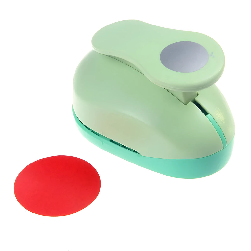 Colourful children's round puzzle embossing machine with six size options on a card.