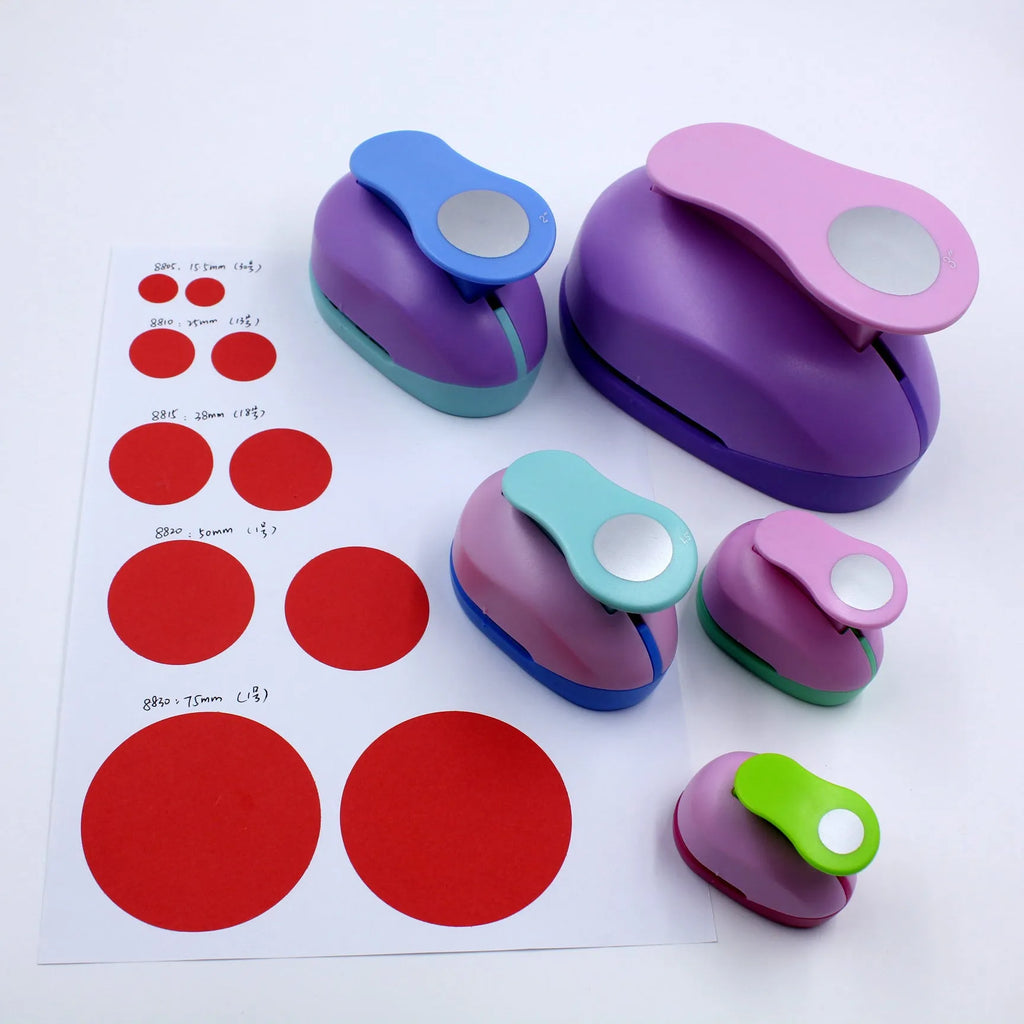 Colourful children's round puzzle embossing machine with six size options on a card.