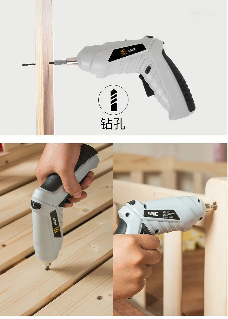 Rechargeable lithium battery screwdriver set with pistol grip and multiple bits for furniture assembly