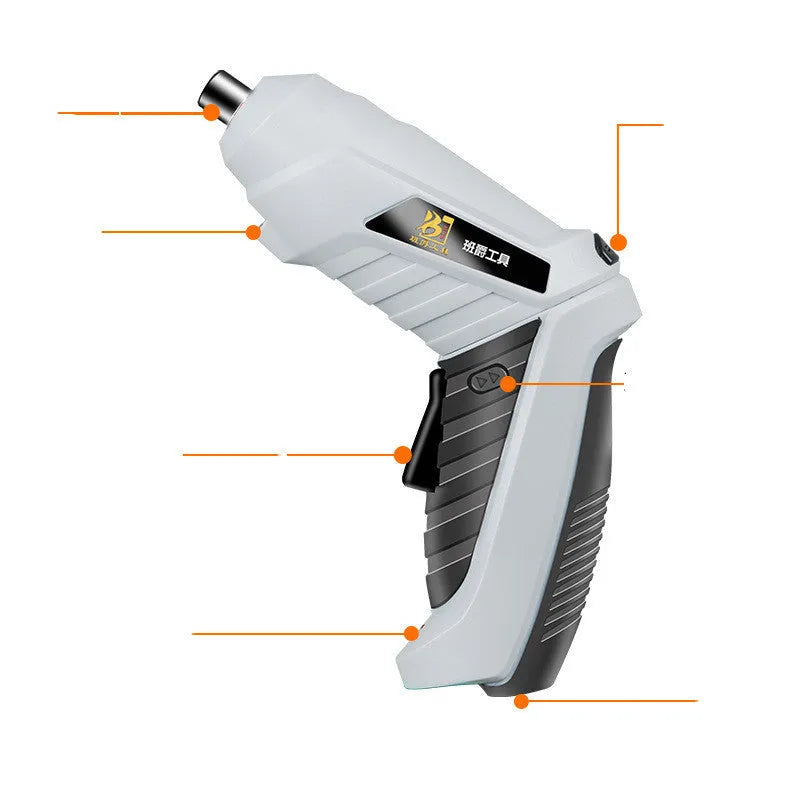 Rechargeable lithium battery screwdriver set with pistol grip and multiple bits for furniture assembly