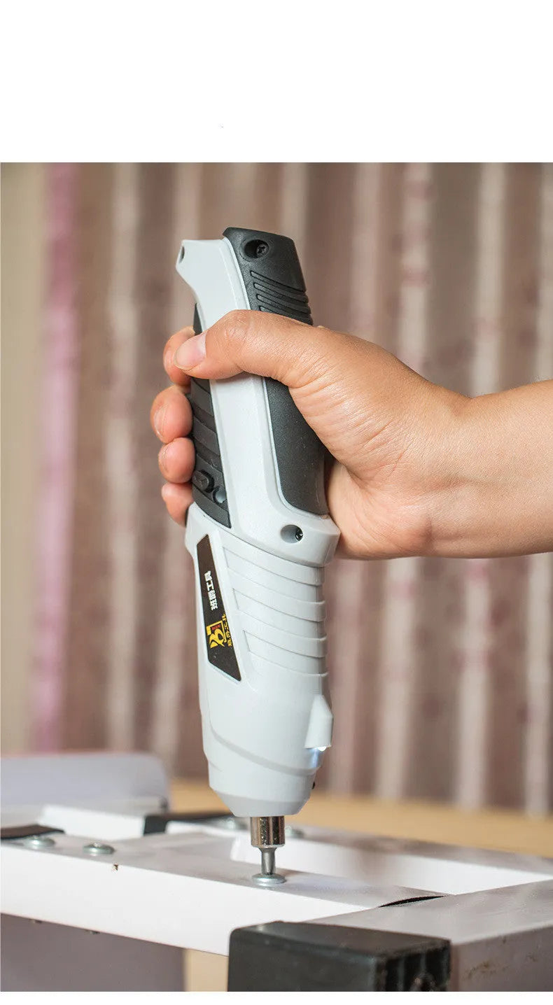 Rechargeable lithium battery screwdriver set with pistol grip and multiple bits for furniture assembly