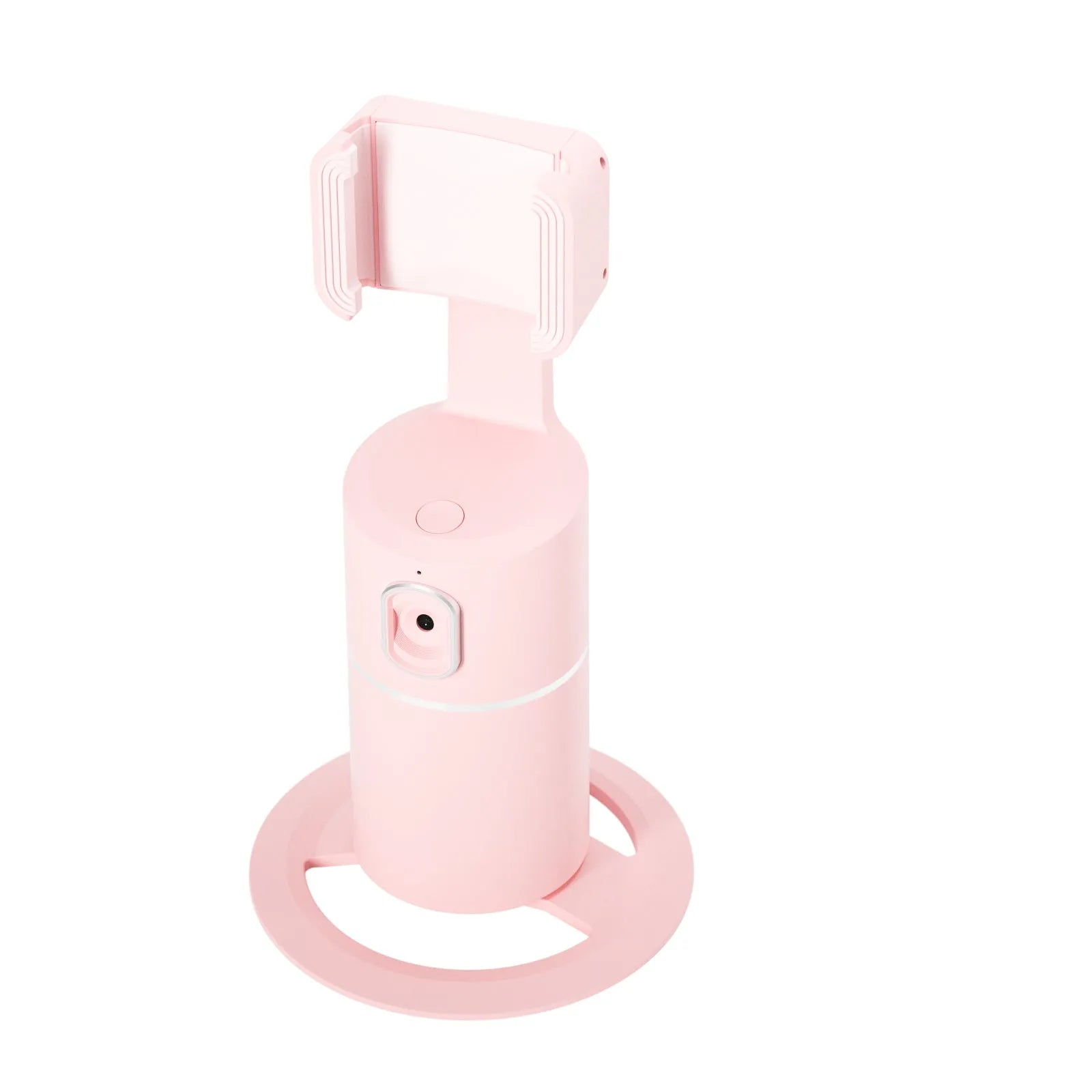 Black smart tracking gimbal stabiliser clipped onto a smartphone, showing its rotating base.