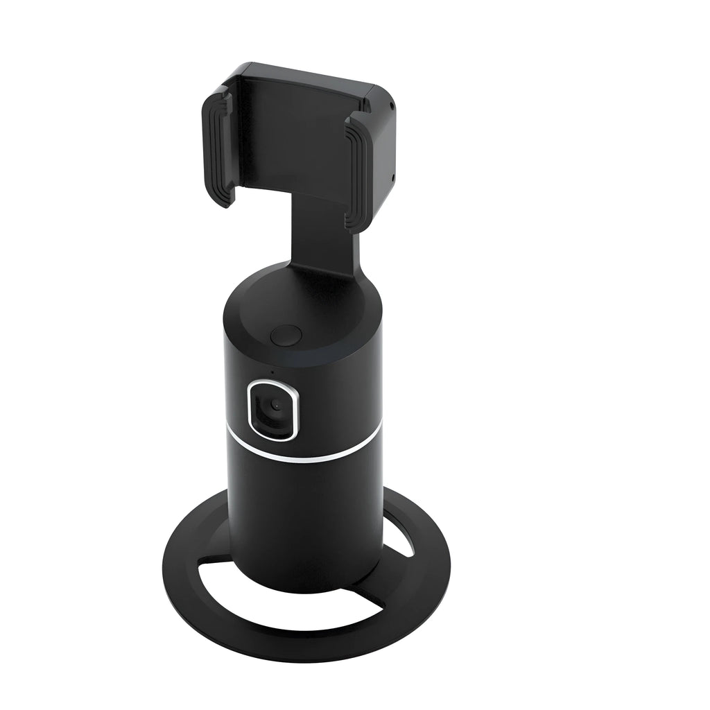 Black smart tracking gimbal stabiliser clipped onto a smartphone, showing its rotating base.
