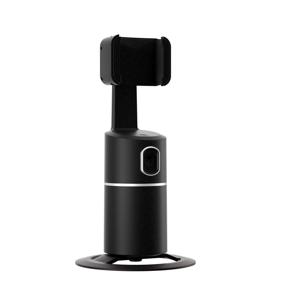 Black smart tracking gimbal stabiliser clipped onto a smartphone, showing its rotating base.