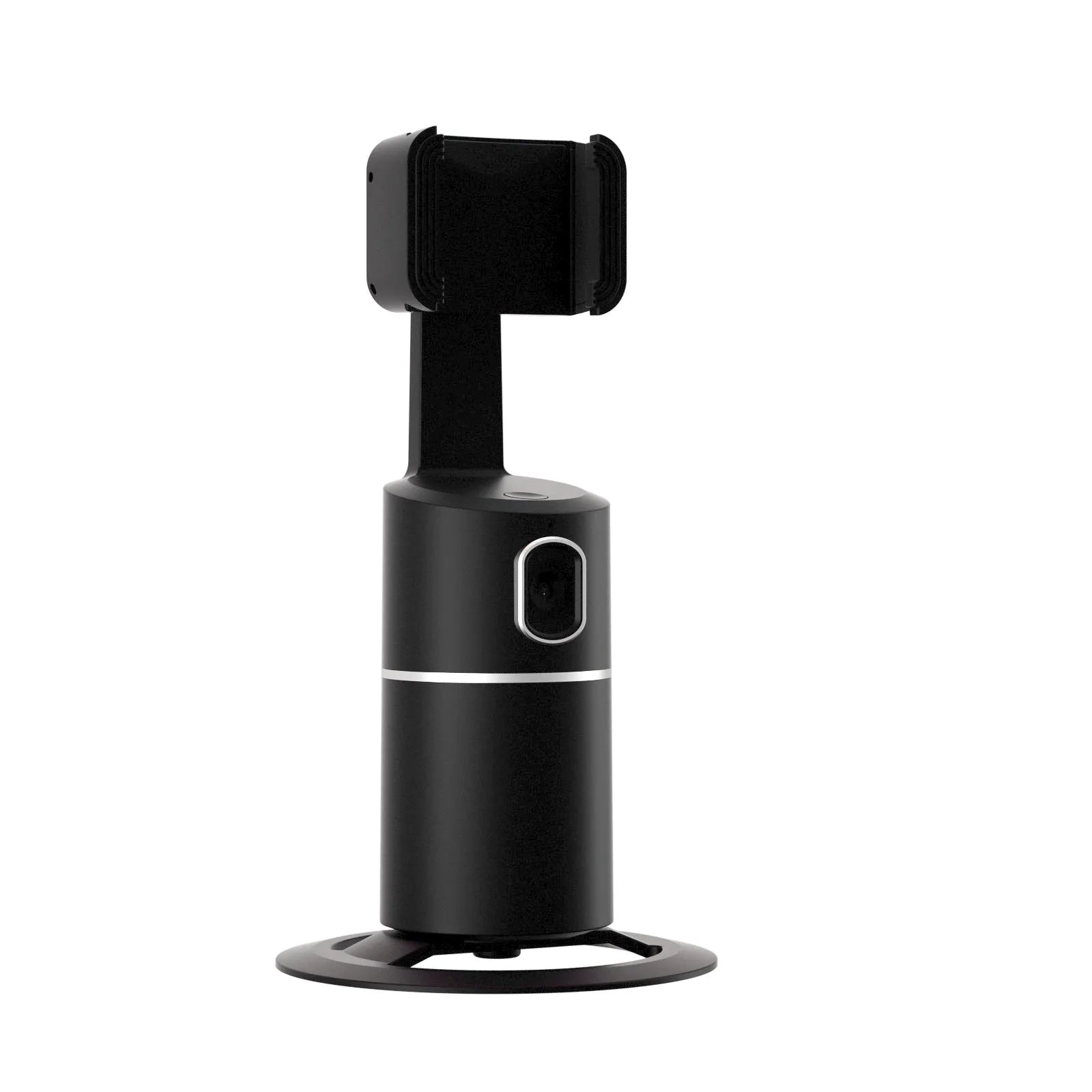 Black smart tracking gimbal stabiliser clipped onto a smartphone, showing its rotating base.