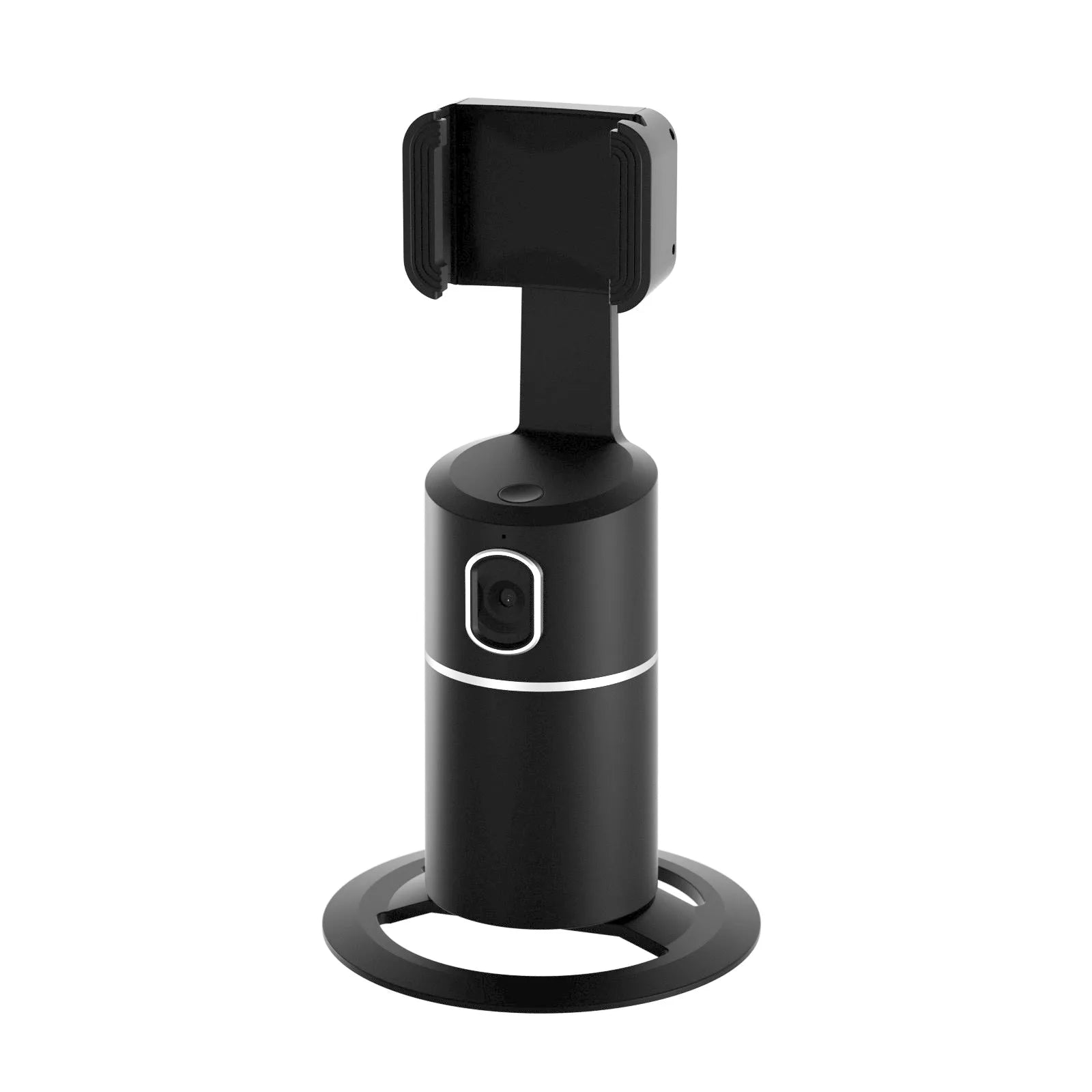 Black smart tracking gimbal stabiliser clipped onto a smartphone, showing its rotating base.