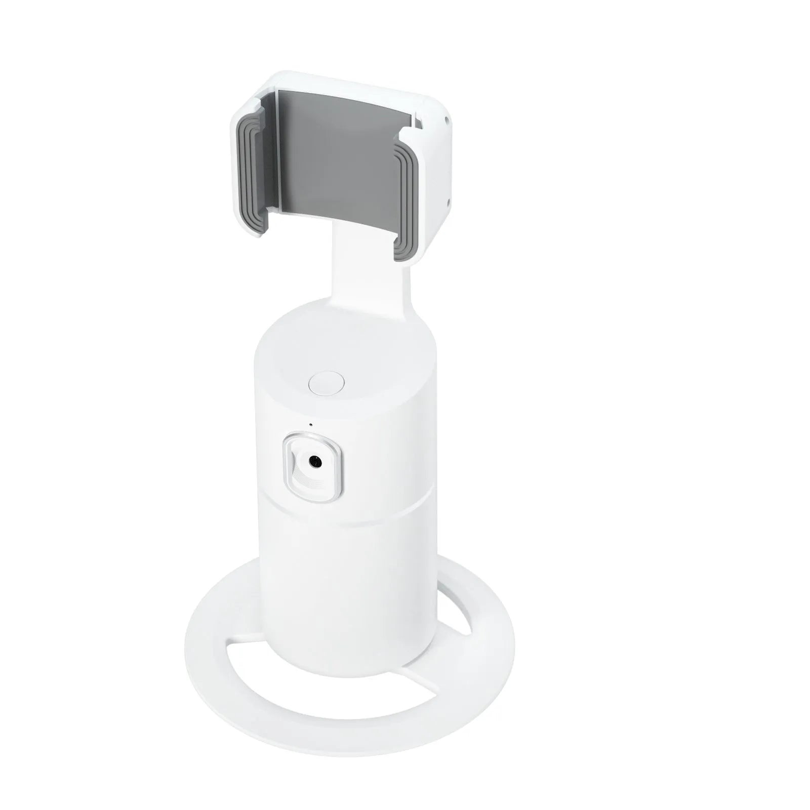 Black smart tracking gimbal stabiliser clipped onto a smartphone, showing its rotating base.