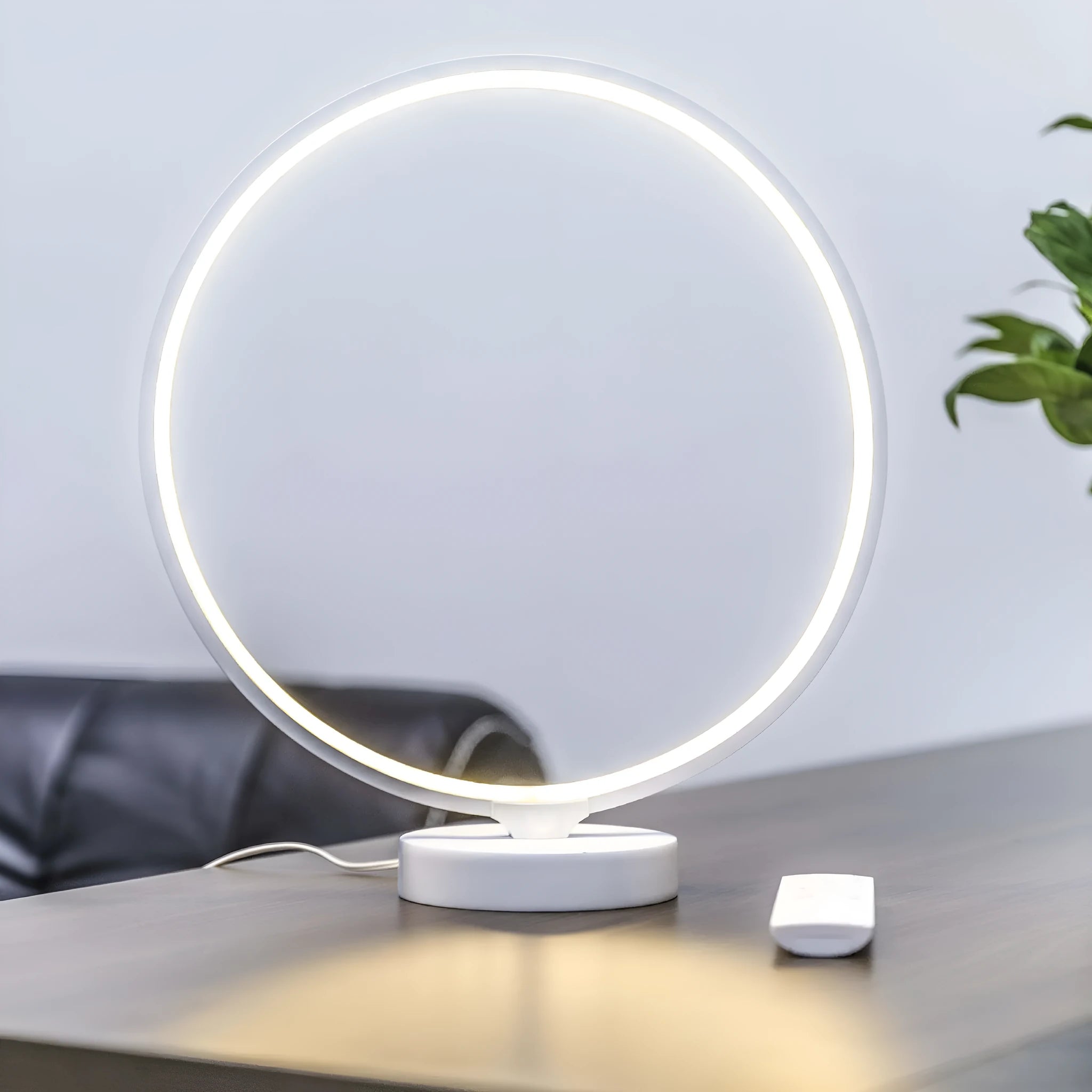 White spherical full moon lamp with remote control for adjustable colour temperature and RGBW lighting
