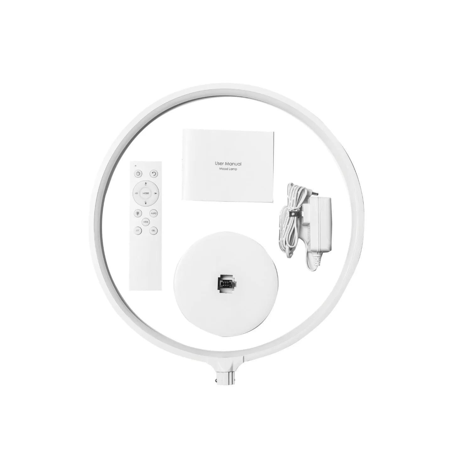 White spherical full moon lamp with remote control for adjustable colour temperature and RGBW lighting