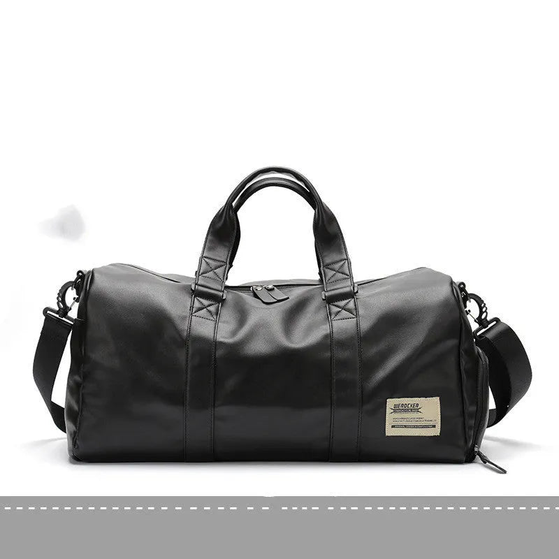 Black large capacity PU leather waterproof sports gym bag with multiple internal pockets and handles.