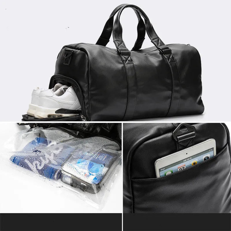 Black large capacity PU leather waterproof sports gym bag with multiple internal pockets and handles.