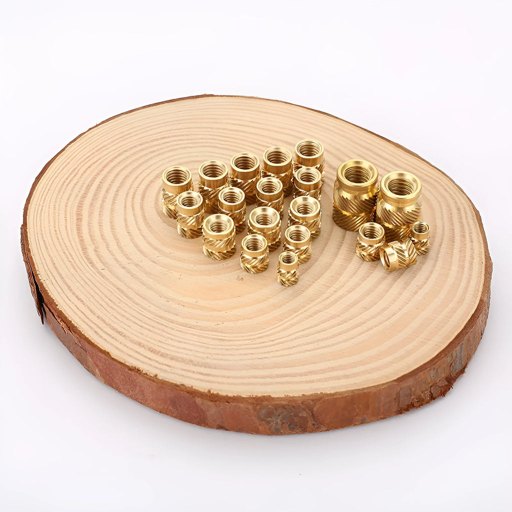 Brass hot melt copper nuts showing M2 and M3 thread options with multiple height variations
