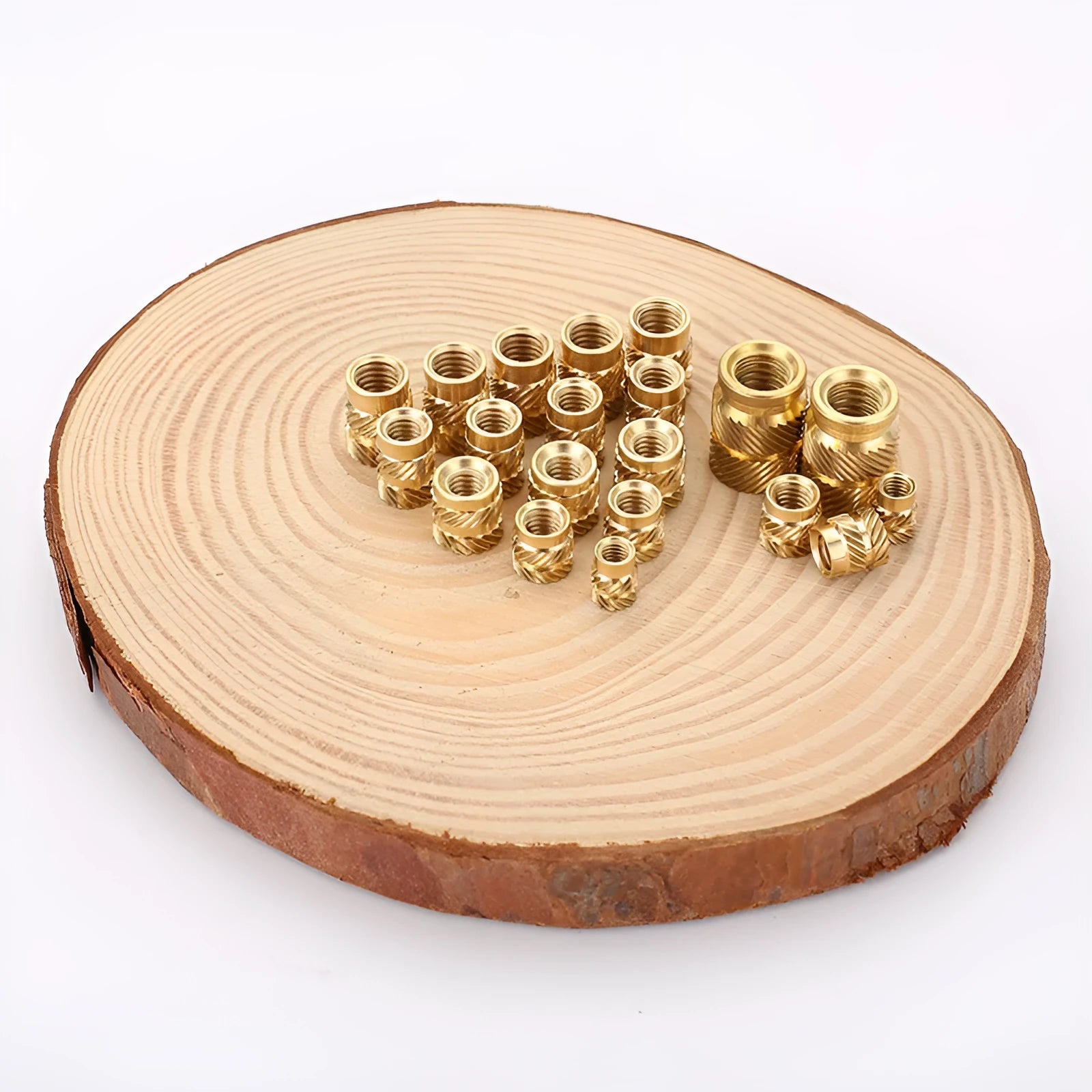Brass hot melt copper nuts showing M2 and M3 thread options with multiple height variations