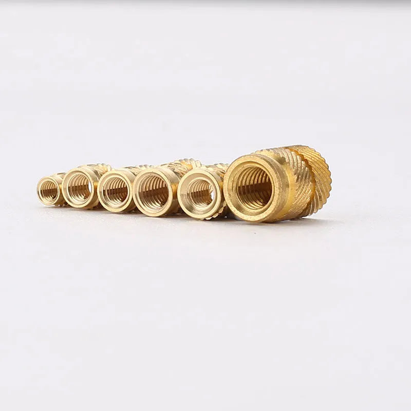 Brass hot melt copper nuts showing M2 and M3 thread options with multiple height variations