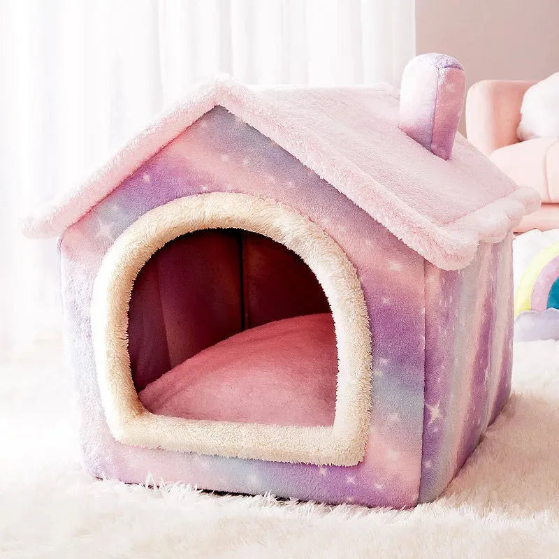Coral fleece and sponge cat and dog bed house in grey, brown or pink, sizes S M L for small pets