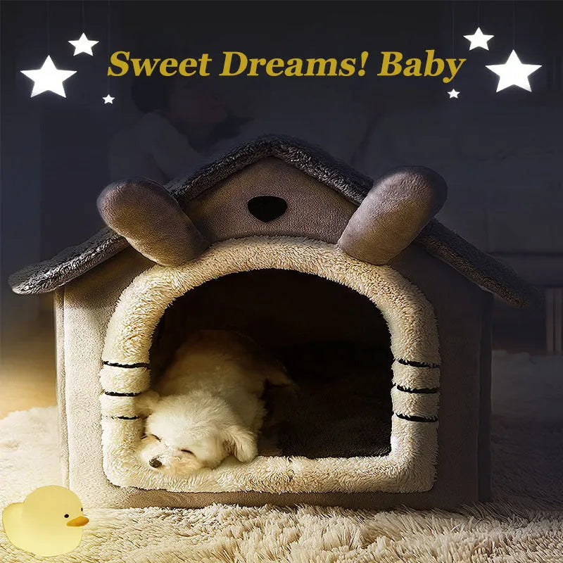 Coral fleece and sponge cat and dog bed house in grey, brown or pink, sizes S M L for small pets