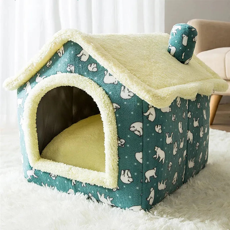 Coral fleece and sponge cat and dog bed house in grey, brown or pink, sizes S M L for small pets