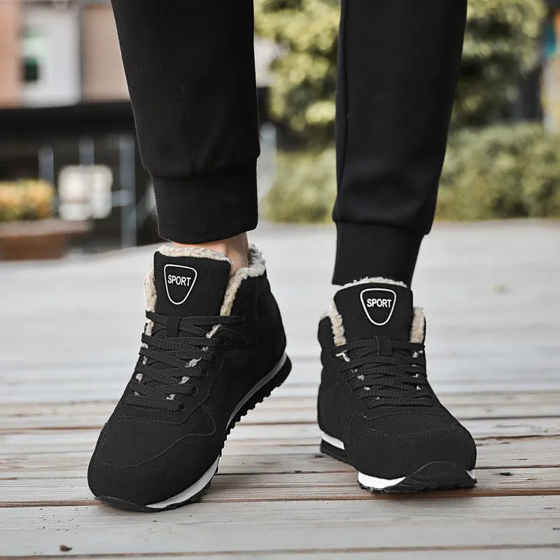 On-slip wear-resistant warm men's casual shoes with bovine split leather and velvet lining in black