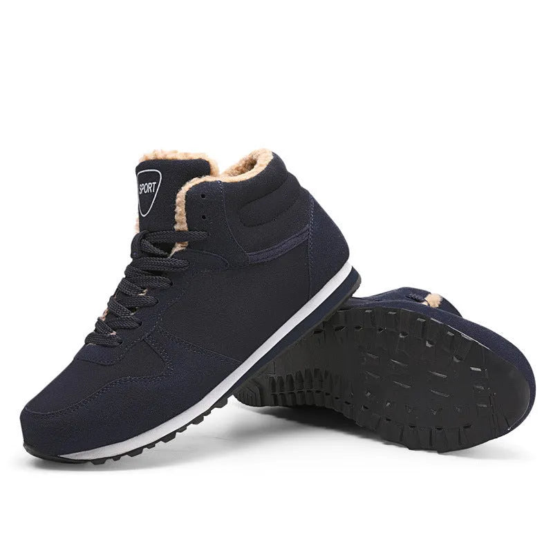 On-slip wear-resistant warm men's casual shoes with bovine split leather and velvet lining in black
