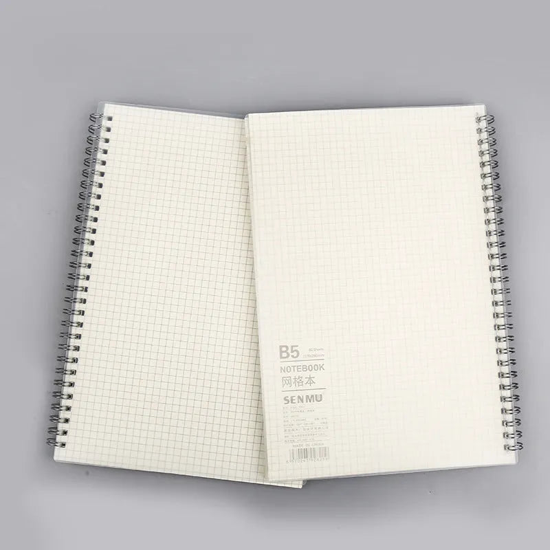 Creative coil notebook showing grid, horizontal line and dot matrix ruling options in A5 and B5 sizes