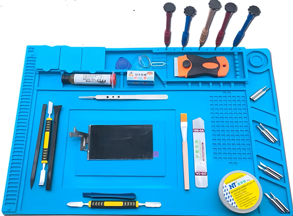 Blue magnetic heat insulation repair mat for mobile phone and computer repair, 45.5 x 30 cm, silicone and ABS