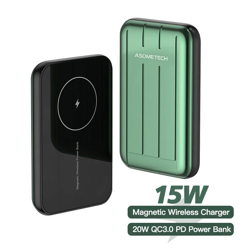 Blue magnetic wireless power bank for iPhone 12 with 5000mAh capacity and USB port.