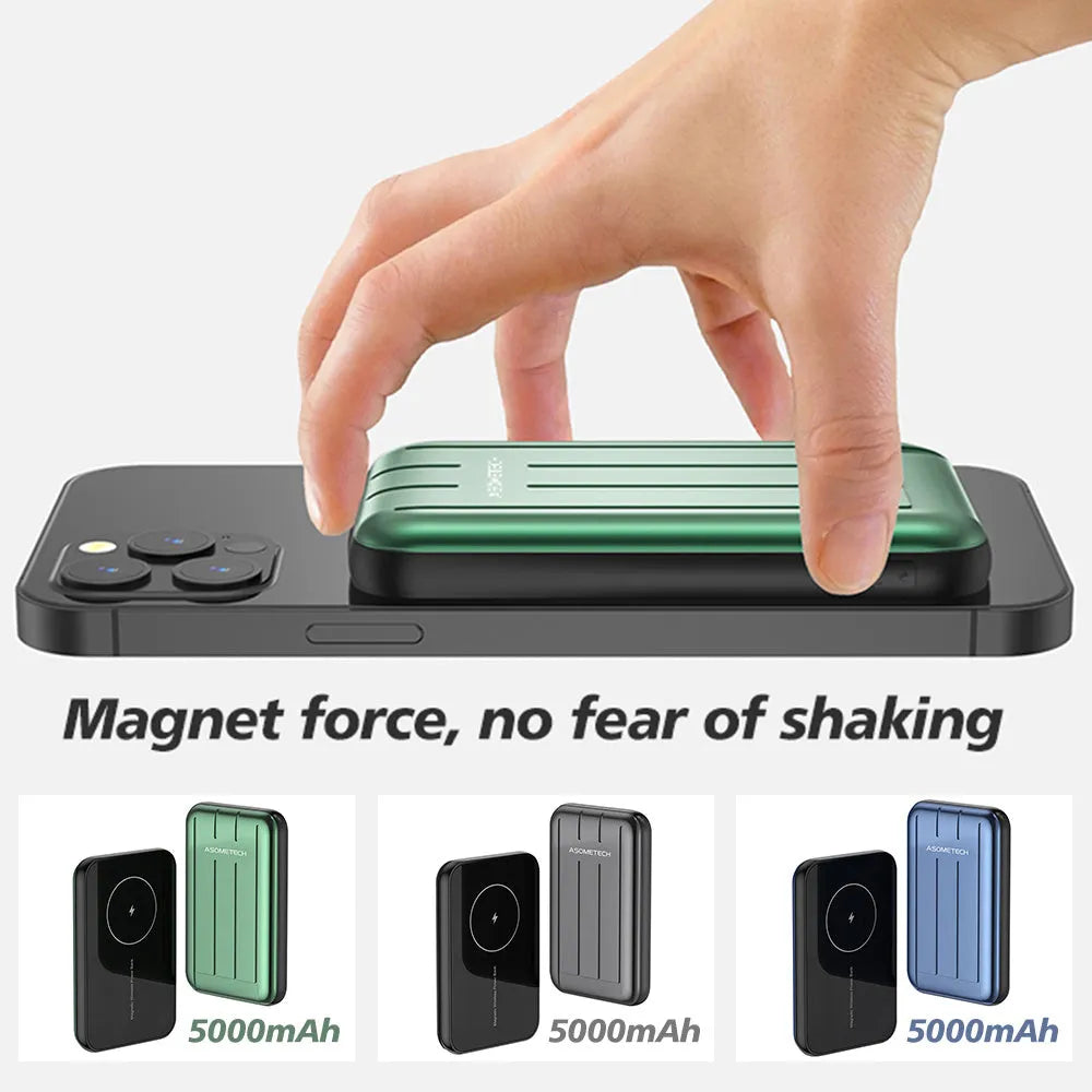 Blue magnetic wireless power bank for iPhone 12 with 5000mAh capacity and USB port.