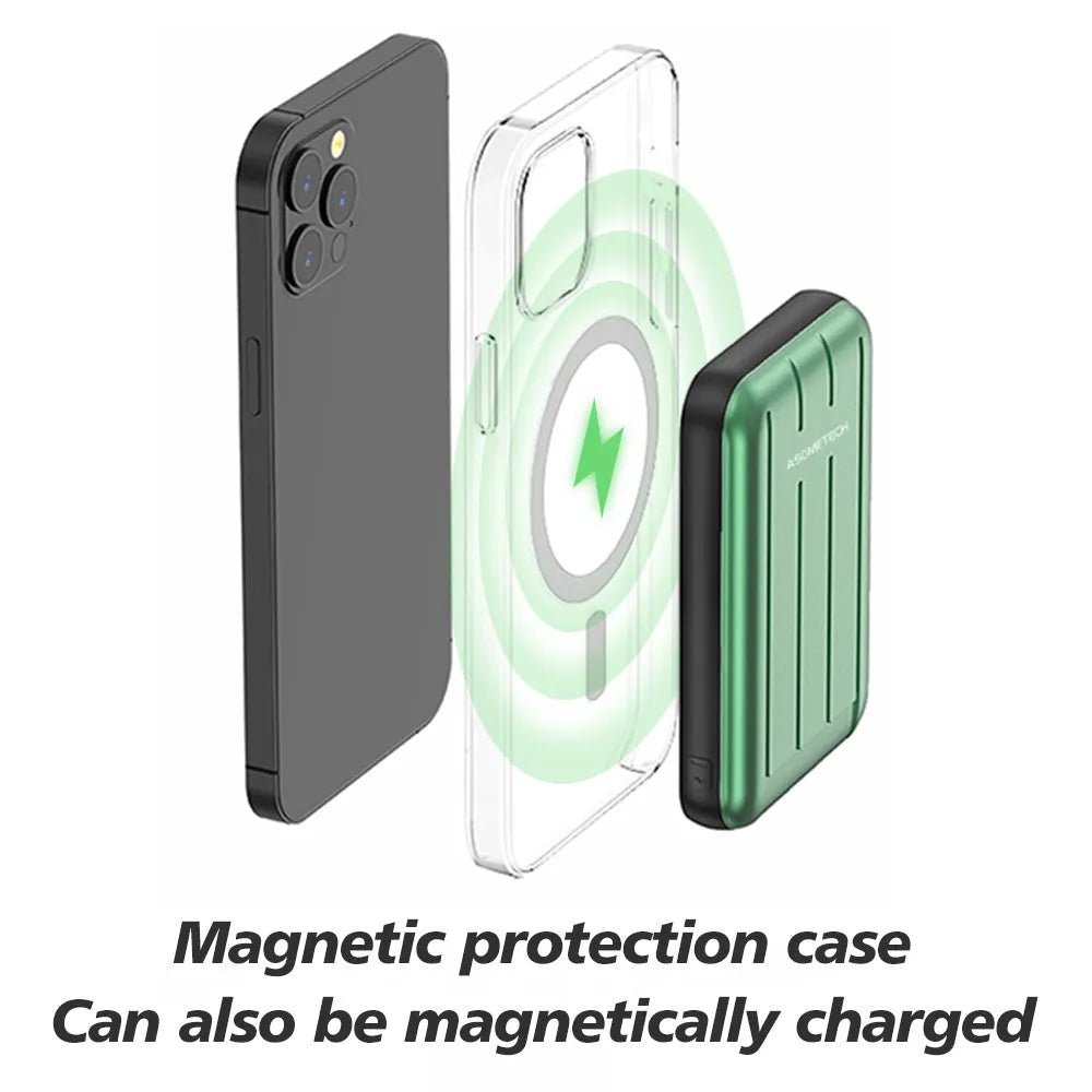 Blue magnetic wireless power bank for iPhone 12 with 5000mAh capacity and USB port.