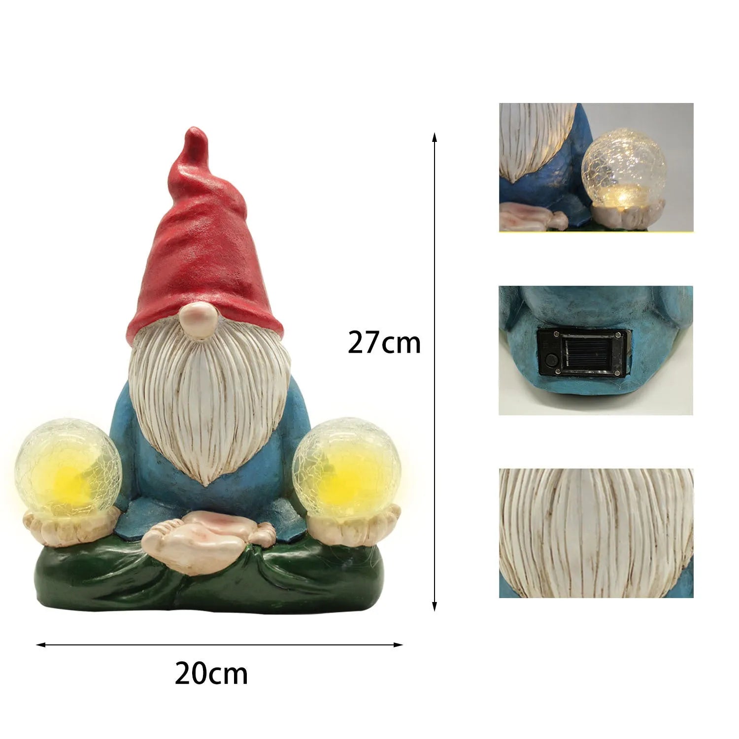 Solar LED resin dwarf doll outdoor statue measuring 27x20cm for garden decoration
