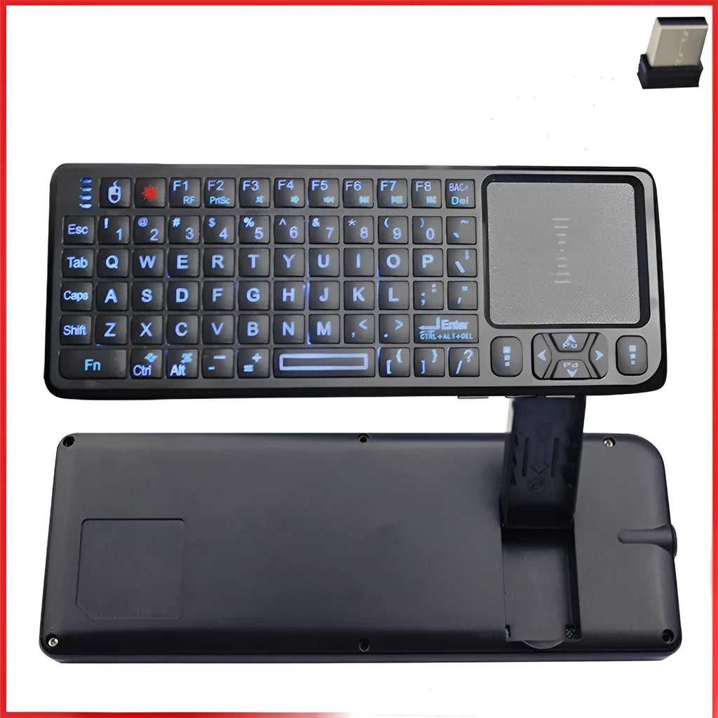 Black wireless laser teaching keyboard with touch screen showing compact 151mm design and backlit keys