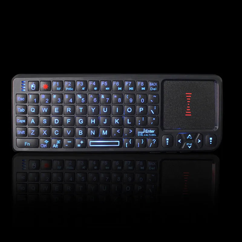 Black wireless laser teaching keyboard with touch screen showing compact 151mm design and backlit keys