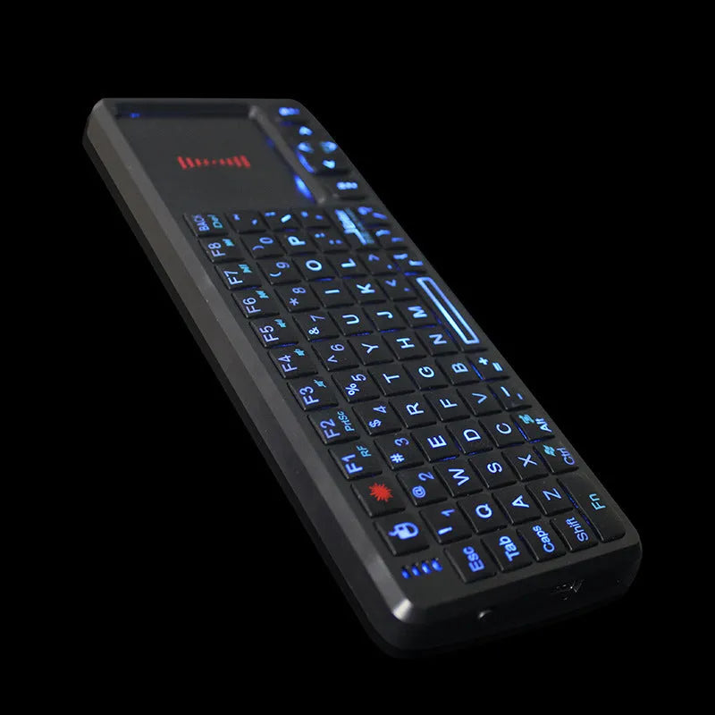 Black wireless laser teaching keyboard with touch screen showing compact 151mm design and backlit keys