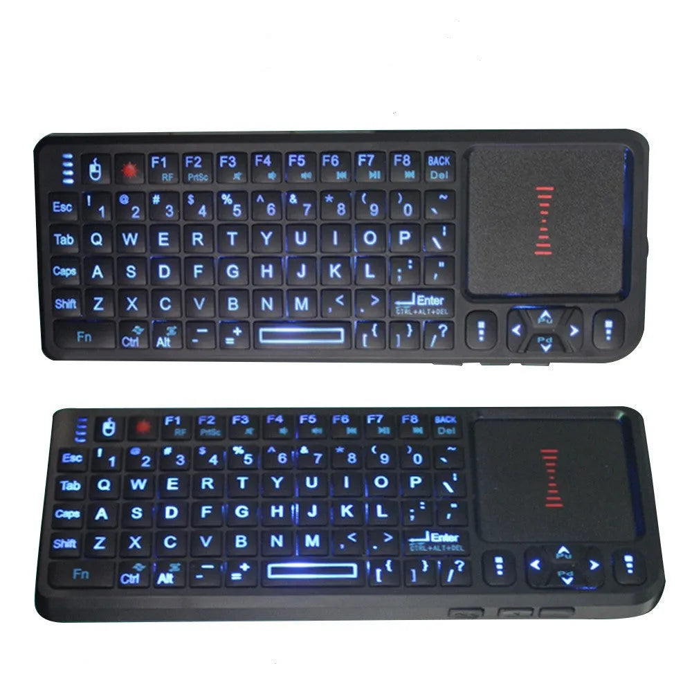 Black wireless laser teaching keyboard with touch screen showing compact 151mm design and backlit keys