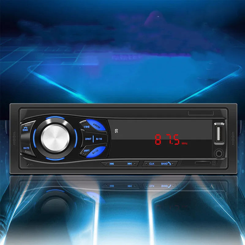 Black 12V single-spindle car MP3 player with red LED digital tube display and blue-backlit physical buttons