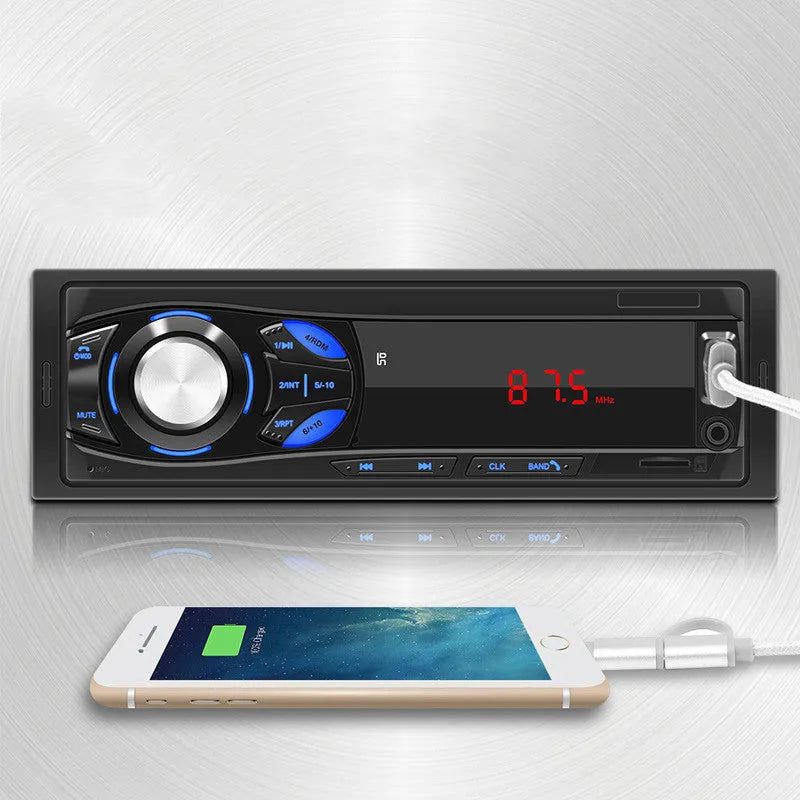 Black 12V single-spindle car MP3 player with red LED digital tube display and blue-backlit physical buttons