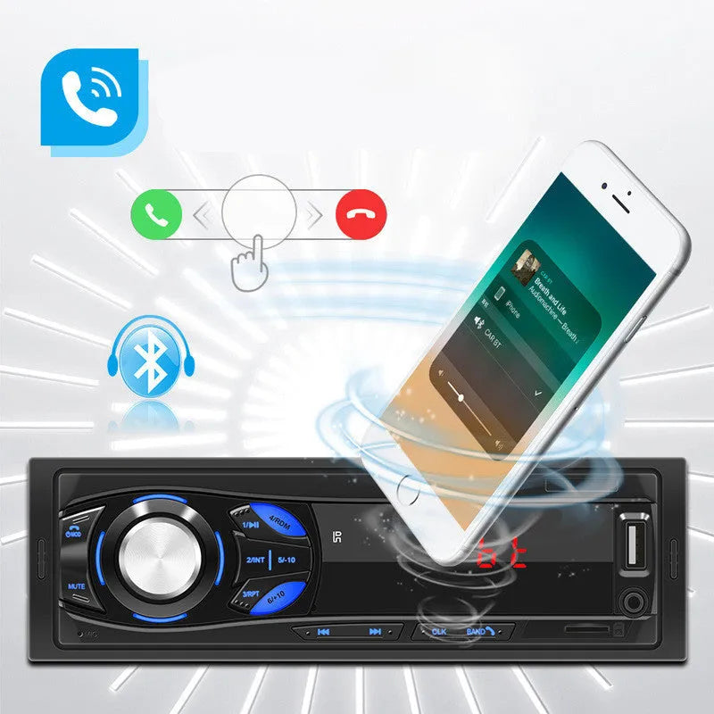 Black 12V single-spindle car MP3 player with red LED digital tube display and blue-backlit physical buttons