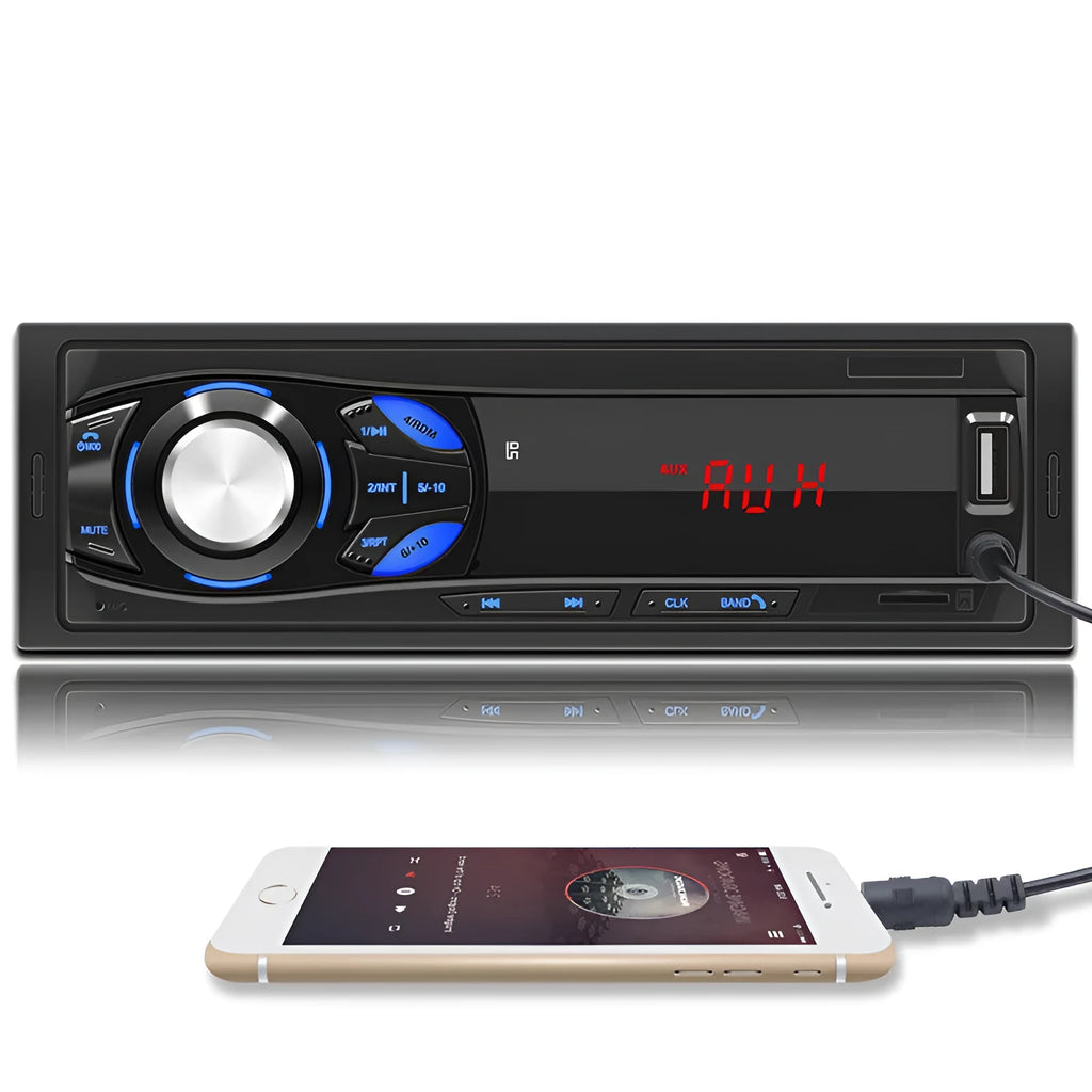 Black 12V single-spindle car MP3 player with red LED digital tube display and blue-backlit physical buttons